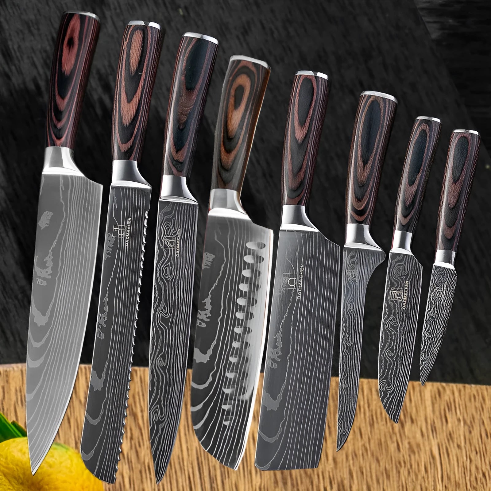 Kitchen chef knife with laser Damascus pattern on 7CR17 stainless steel blade and colour steel handle