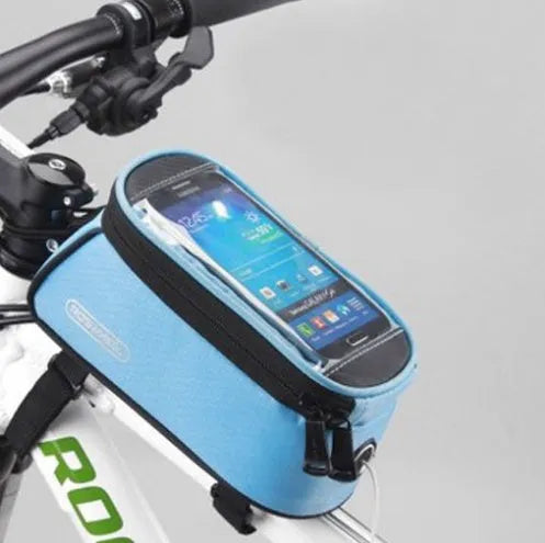 ROSWHEEL waterproof PVC bicycle frame bag for iPhone in black, blue, red colours showing three size options