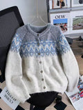 Women's brown jacquard pattern sweater coat with loose fit and long sleeves