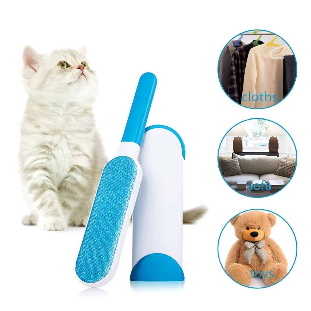 Blue reusable pet hair removal brush with self-cleaning base for sofas and upholstery.