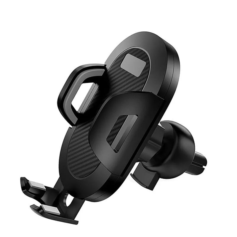 Car air vent phone holder with auto-lock clip holding a smartphone
