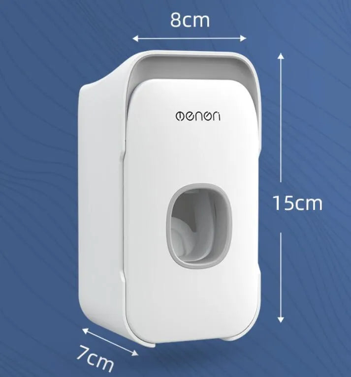 Automatic wall-mounted toothpaste dispenser in blue, grey, and pink colours with USB charging cable.