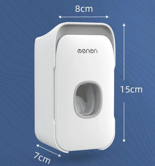 Automatic wall-mounted toothpaste dispenser in blue, grey, and pink colours with USB charging cable.