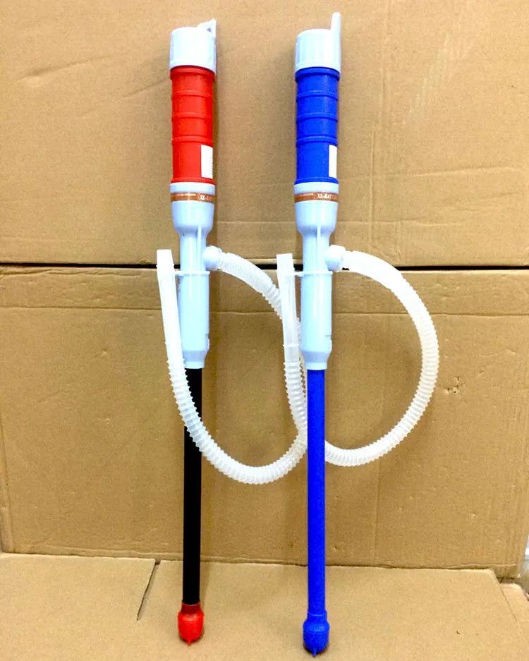 Blue manual hand siphon pump for transferring gasoline and oil, made from PP plastic.