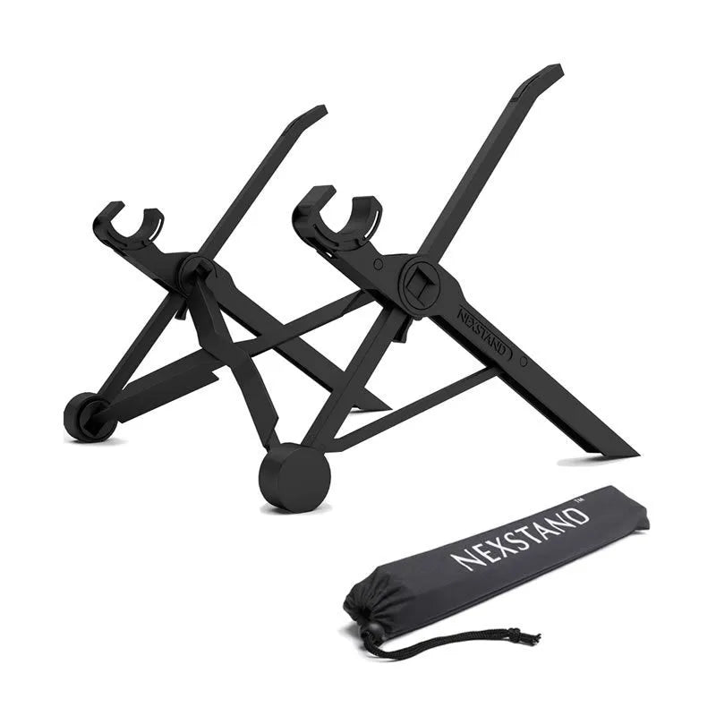 Portable folding laptop bracket in sagacious black showing compact folded dimensions