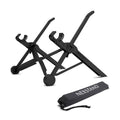 Portable folding laptop bracket in sagacious black showing compact folded dimensions
