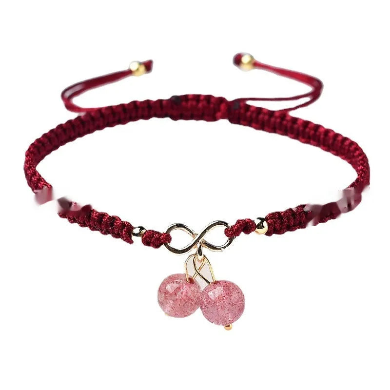 Women's natural strawberry quartz bracelet with fruit-shaped crystal beads in purple, green, and pink colour options