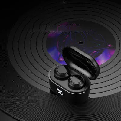 Black bilateral stereo Bluetooth earplug headset with a 10-metre wireless range