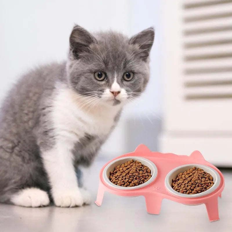 Blue ceramic cat food and water bowls in an elevated white ABS plastic stand with a hook