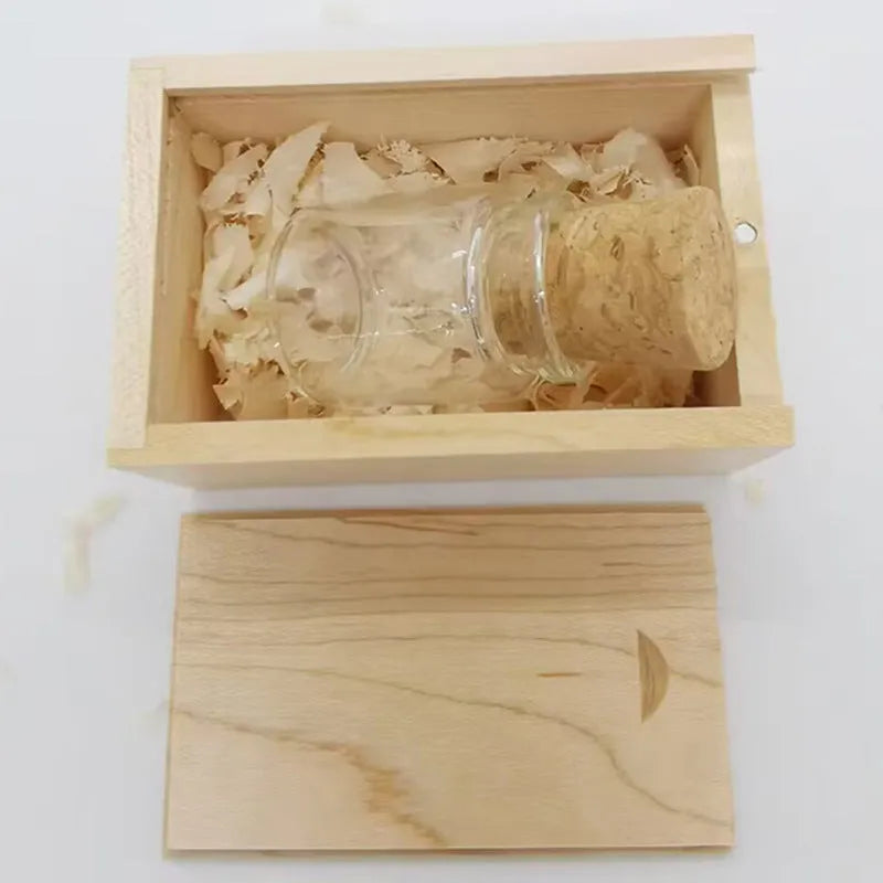 Transparent drift bottle USB flash drive with wooden ship inside, 60mm size