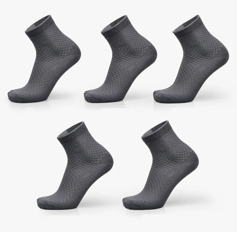 Men's bamboo fibre business socks with small square pattern in black, navy blue, and grey colours.