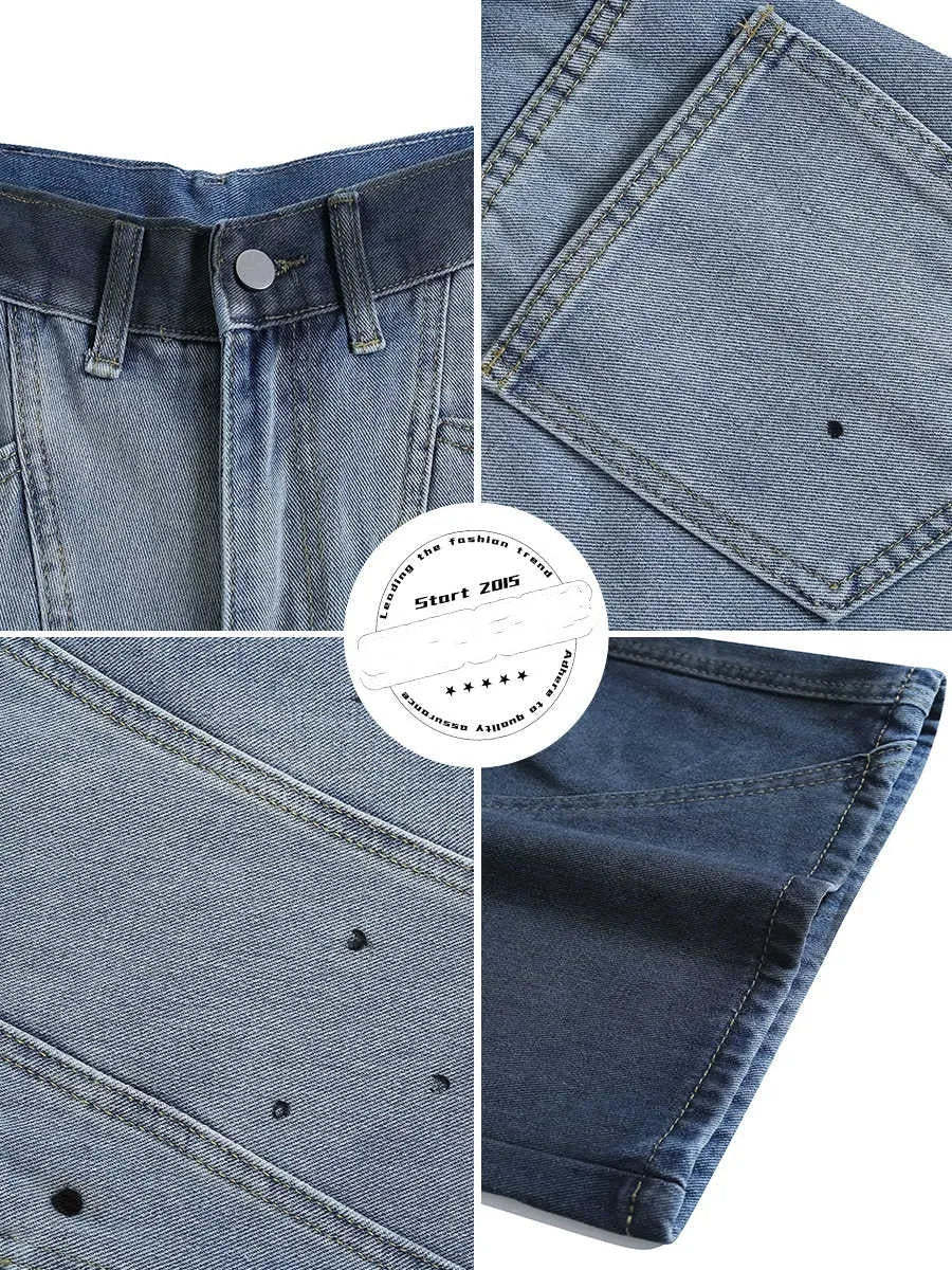 Blue tie-dye gradient washed-out cropped jeans with loose fit and mid-waist design
