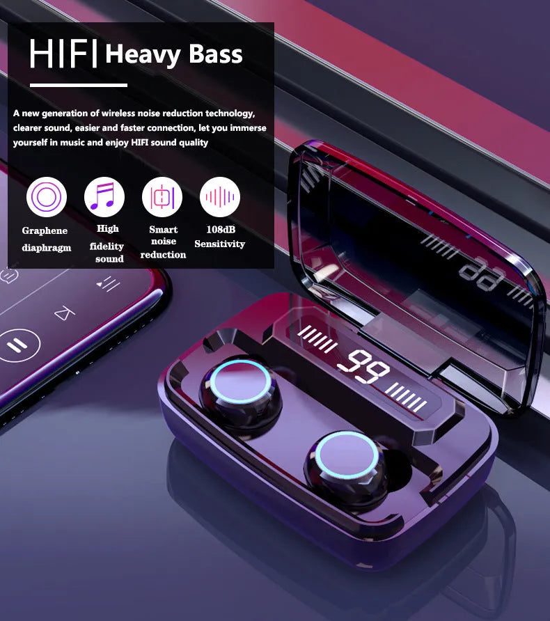 Black M11 style wireless Bluetooth headset with digital display, shown with its charging case that has a built-in mobile phone holder.