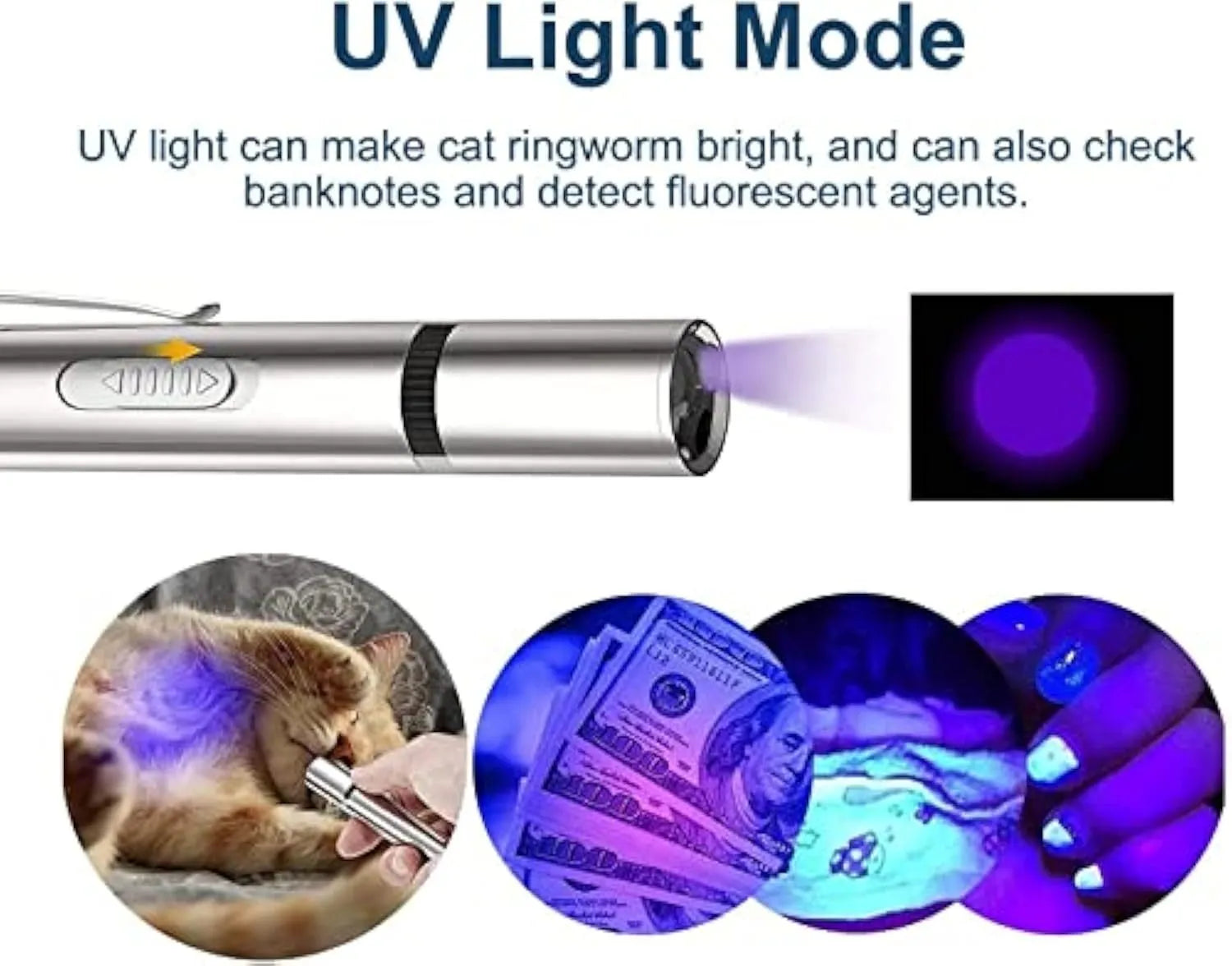 Silver aluminium alloy cat laser pointer toy with multiple light pattern modes