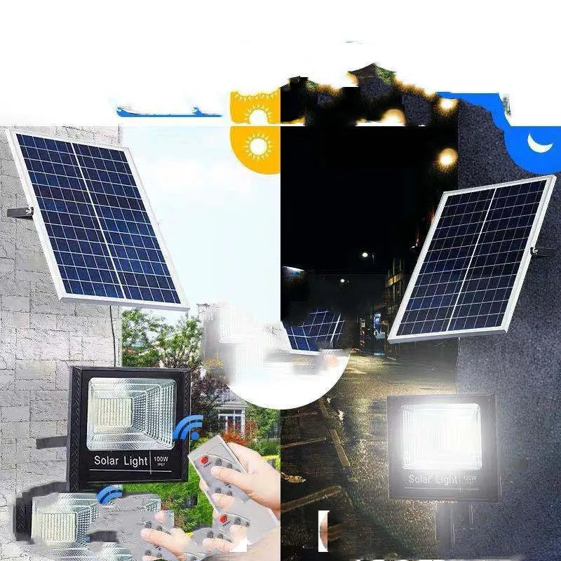 Black solar-powered outdoor LED garden floodlight with remote control on a wall.