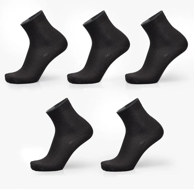 Men's bamboo fibre business socks with small square pattern in black, navy blue, and grey colours.
