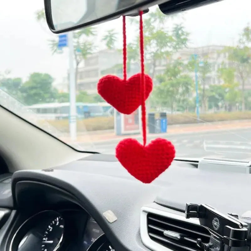Green and white knitted wool car plant decoration with 25cm hanging rope