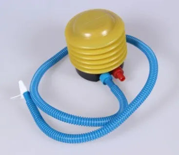 Blue and red plastic pedal foot pump for inflating swim rings with 4-inch diameter