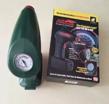 Compact black 12V portable car tyre inflator with motor and air hose for emergency use.