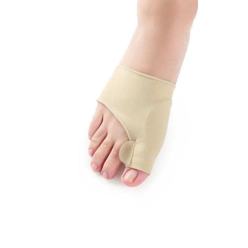 A pair of stretch fabric bunion socks with a soft gel pad and silicone toe separator in sizes small, medium, and large.