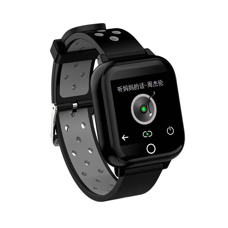 Black smart watch with integrated Bluetooth earbuds showing fitness tracking display