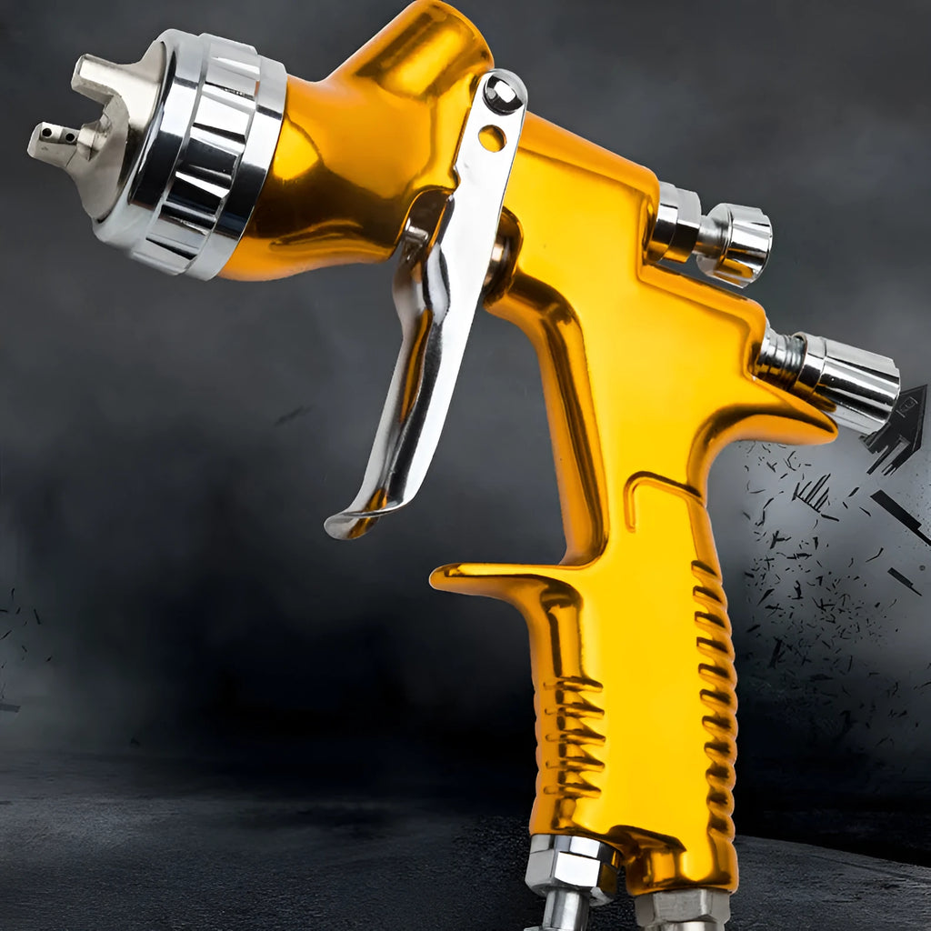 Gold aluminium alloy HVLP paint spray gun with 600cc plastic gravity cup and 1.3mm nozzle