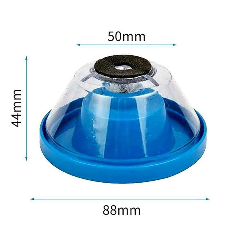 Blue bowl-shaped plastic dust cover attachment for an electric hammer drill tool.