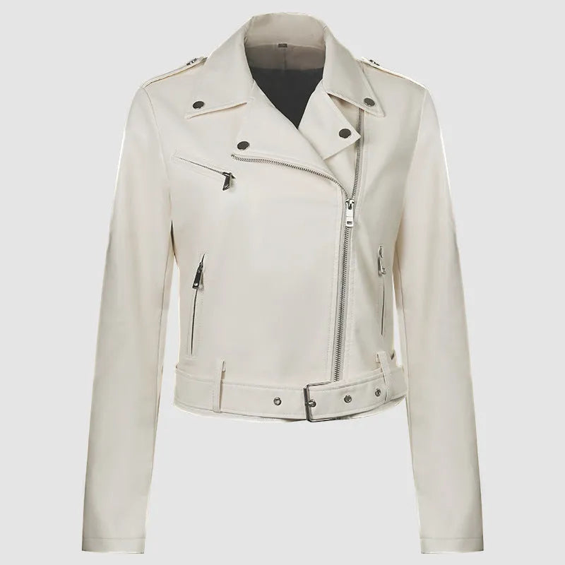 Women's black PU leather motorcycle-style jacket with lapel collar and waist belt