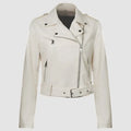 Women's black PU leather motorcycle-style jacket with lapel collar and waist belt
