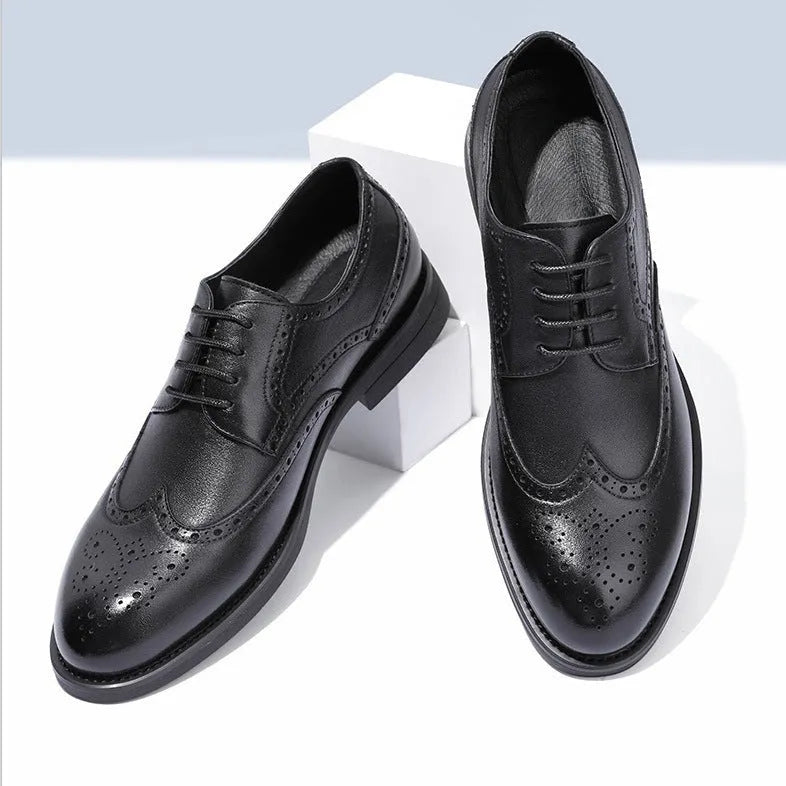 Men's black and brown brogue formal shoes with PU leather upper for business wear.