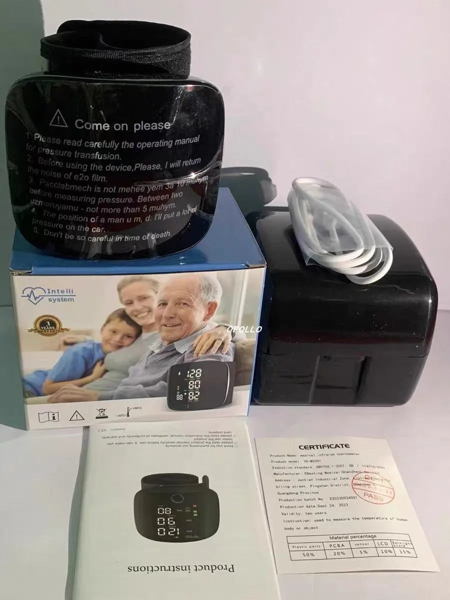 Black wrist blood pressure monitor with USB rechargeable battery for home use