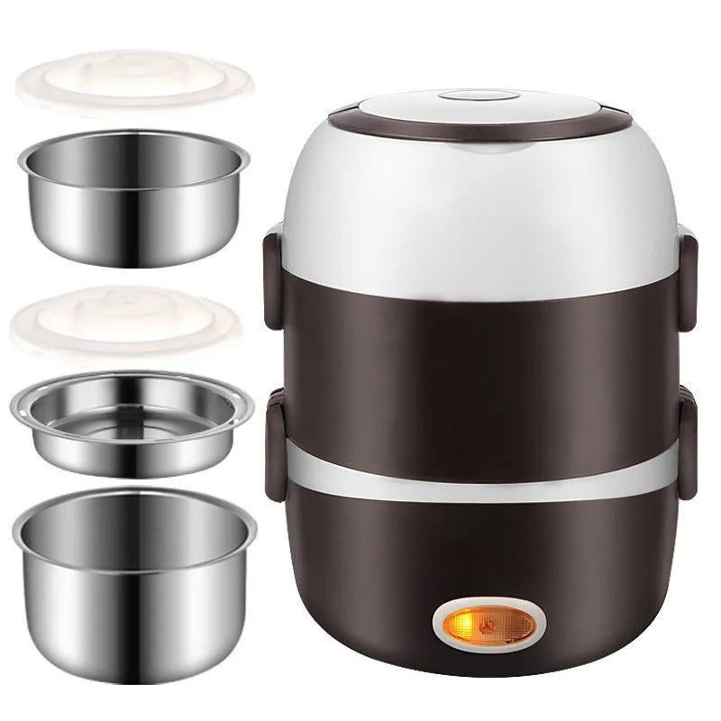 USB-powered electric lunch box showing two-layer and three-layer container options for food heating