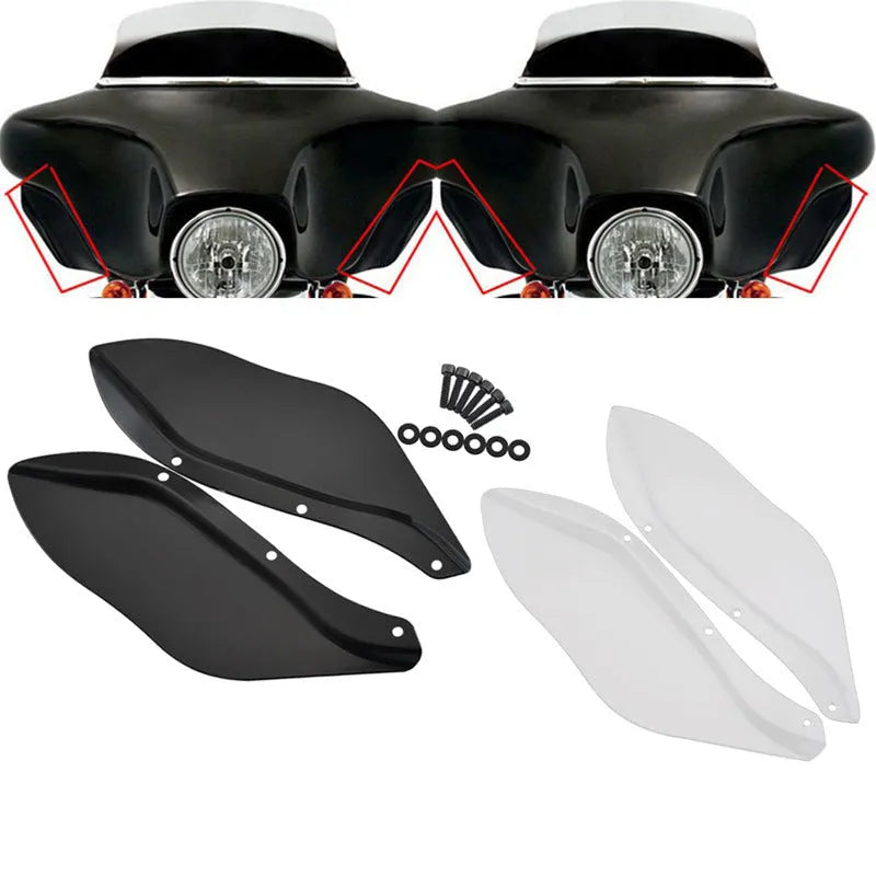 Harley-Davidson motorcycle windshield side covers in black and transparent options for Touring models