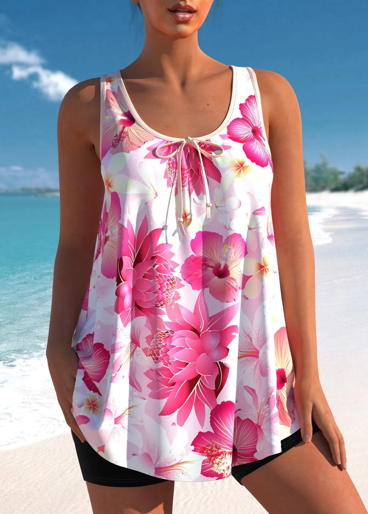 Pink printed plus size tankini swimsuit with high waist briefs and backless design