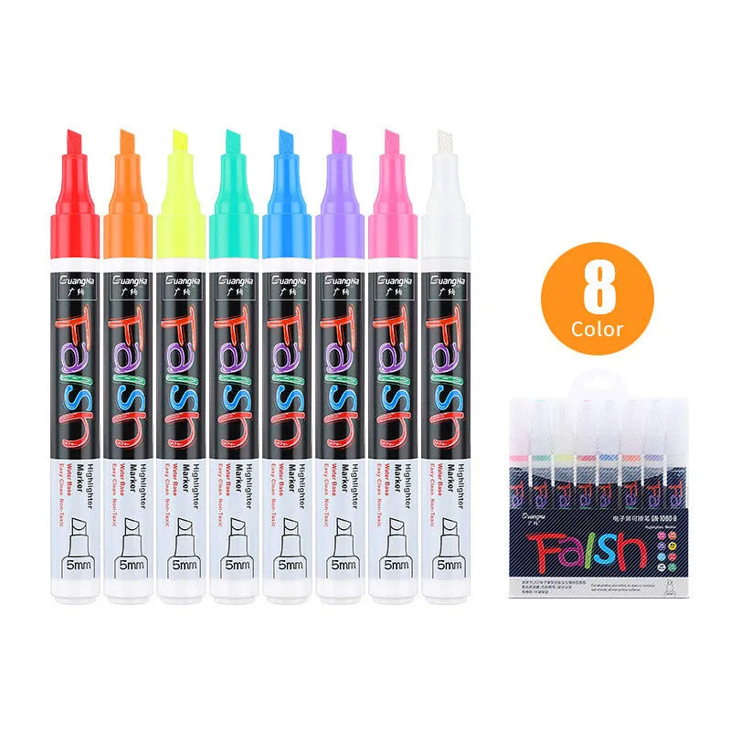 Electronic fluorescent highlighter pen with oblique chisel tip on card packaging, showing 8 colour or 12 colour refill options.