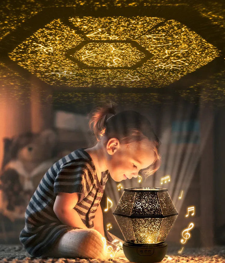 Children's rotating stars LED night light projecting coloured stars on a wall.