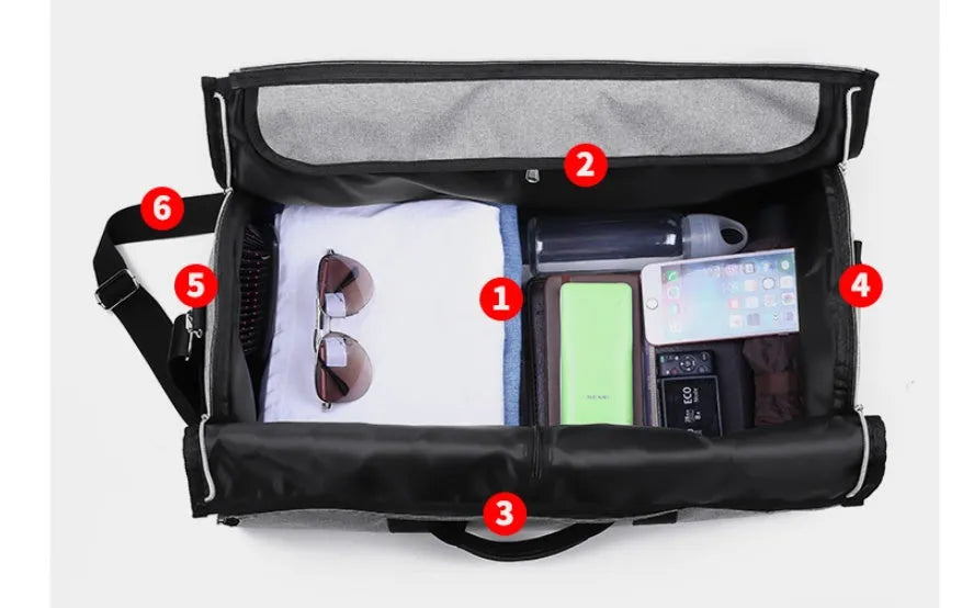 Medium-sized cylinder travel bag in Oxford cloth, shown in one of four colours: black, blue, light grey or red.