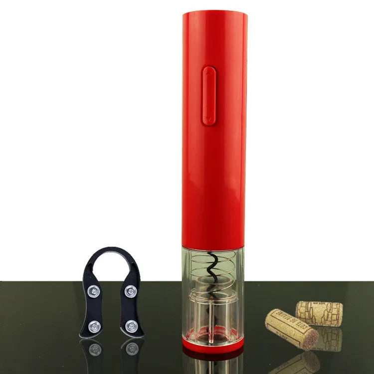 Black, red, and white electric wine bottle opener with foil cutter on a kitchen counter