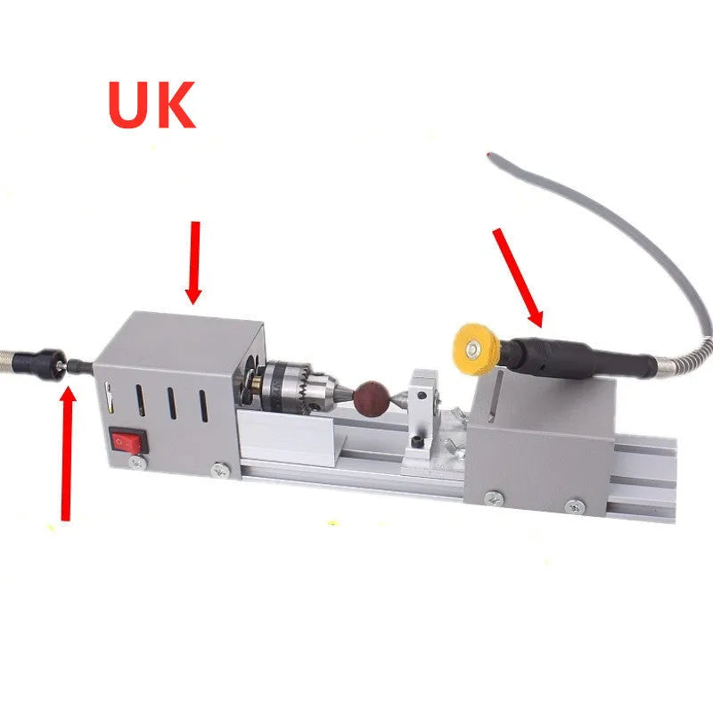 Mini metal silver woodworking lathe with carving knives and accessories for small craft projects