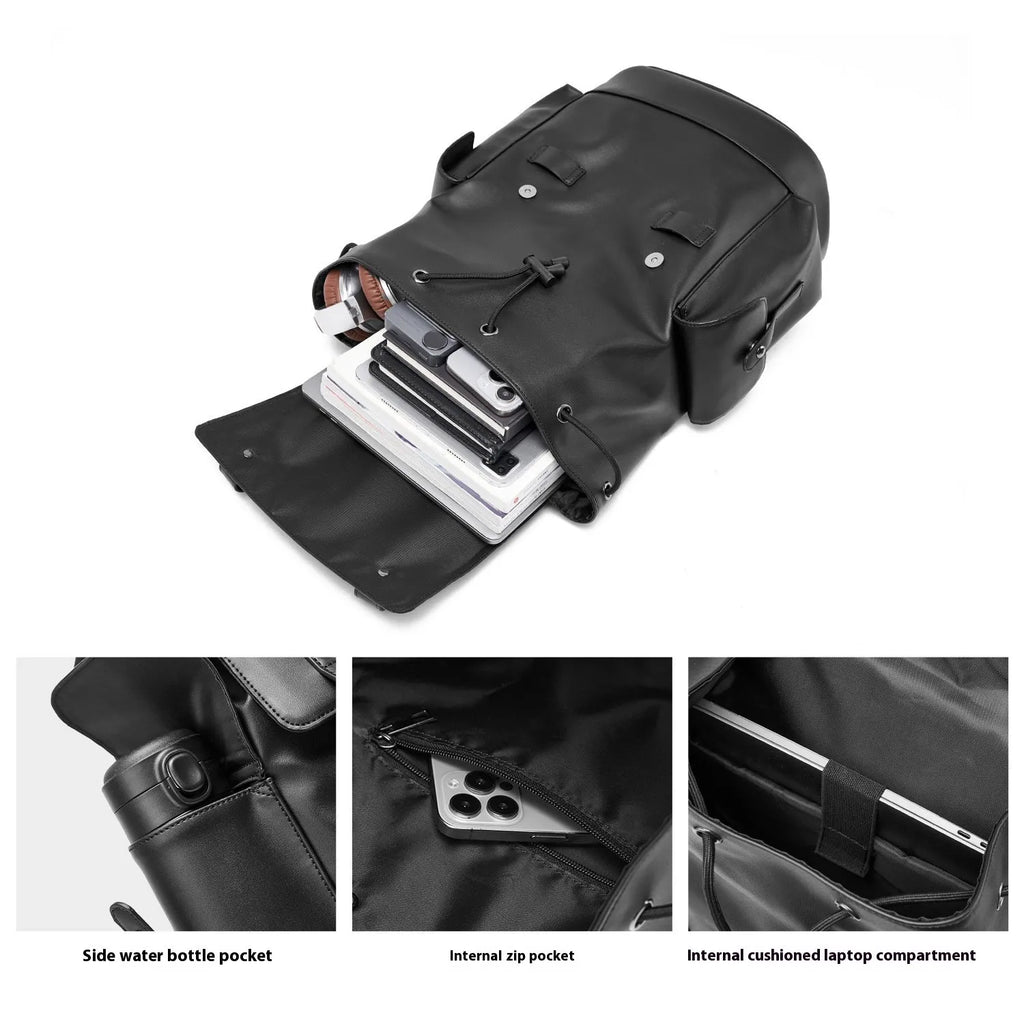 Men's black PU leather backpack large capacity business computer bag with waterproof function
