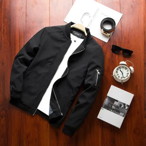 Men's slim-fit red casual baseball jacket with front zipper and side pockets.