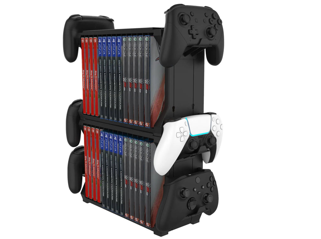 Black PS5 and Xbox Series X disc holder with game cartridge compartments and four controller storage slots