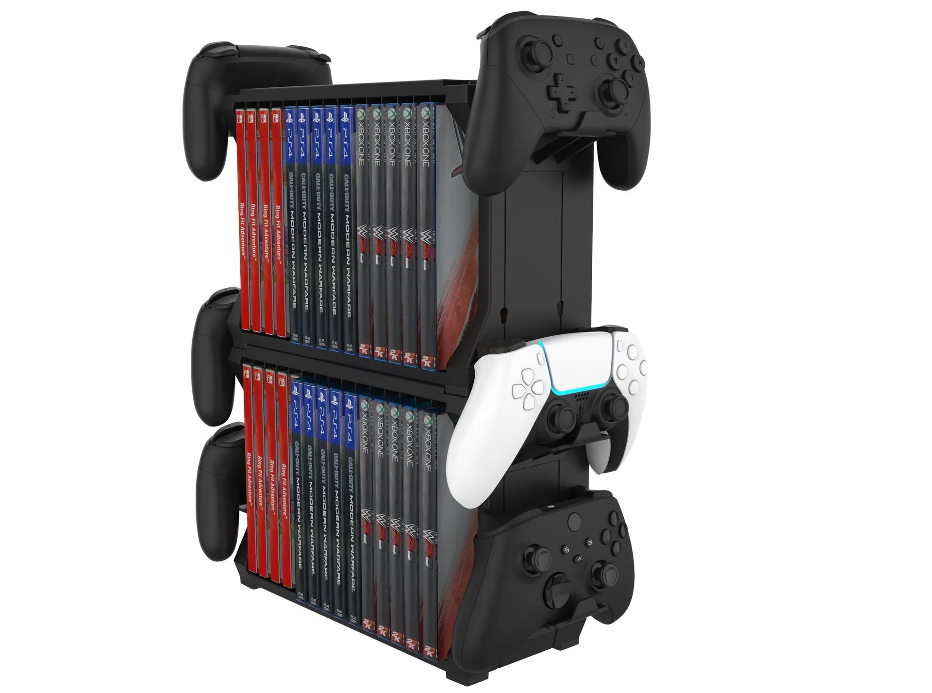 Black PS5 and Xbox Series X disc holder with game cartridge compartments and four controller storage slots