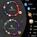Two natural stone beaded bracelets with black cords showing zodiac symbol details