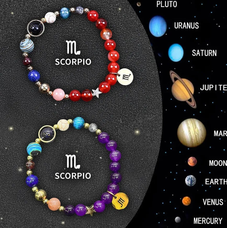 Two natural stone beaded bracelets with black cords showing zodiac symbol details