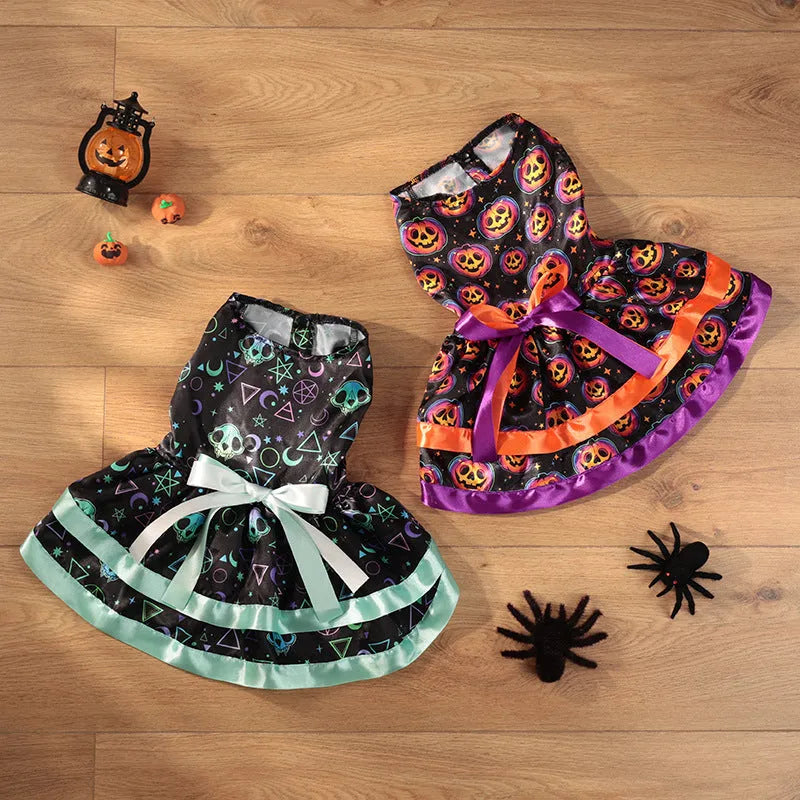 Halloween dog skirt with colourful pumpkin print, double-layer construction, casual pet costume