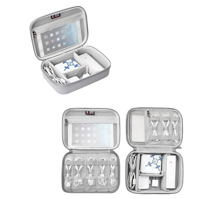 Black EVA digital storage bag with headset storage compartments open showing organisation for cables and accessories