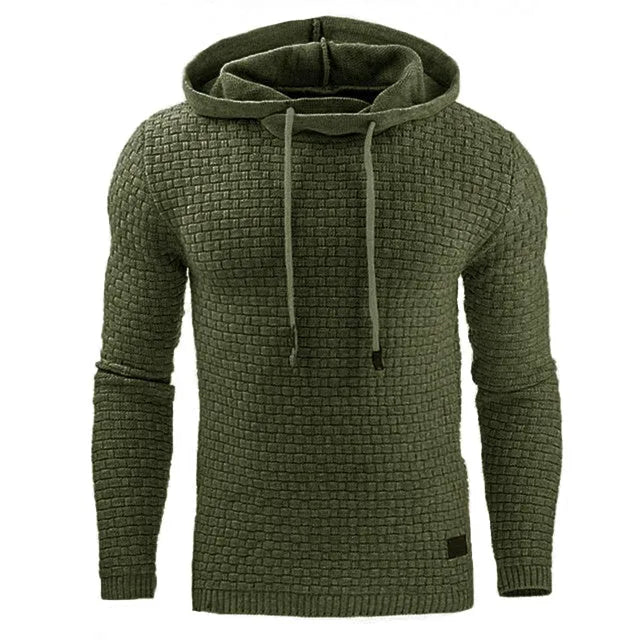 Men's black cotton-polyester blend hooded sweatshirt on a hanger.