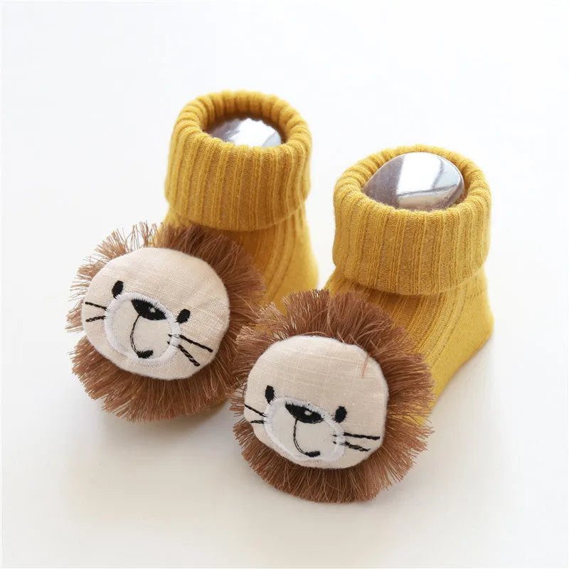 Cotton baby floor socks in various patterns including animal prints, stars, and bows for infants aged 0-3 months