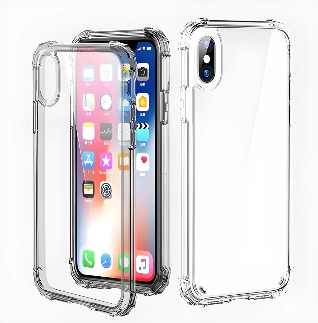 Clear transparent TPU shockproof protective case for iPhone shown on a phone